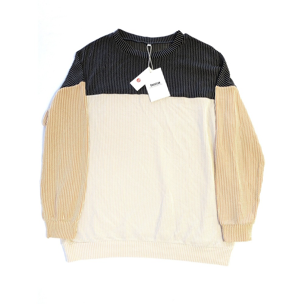 EncoLax Mens Colorblock Ripple Textured Crewneck Sweatshirt Grey Tan White Small